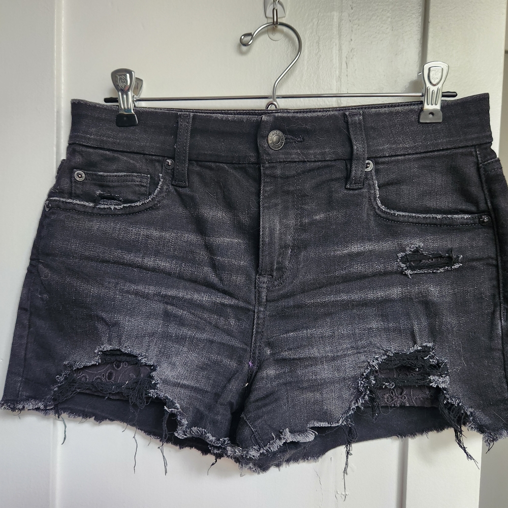 Distressed Black Denim Shorts